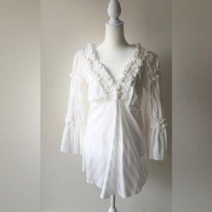 Anne Fontaine White Ruffled V-Neck Blouse